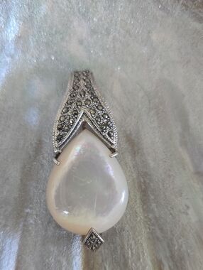 Sterling Marcasite Teardrop Mother-of-Pearl Pendant Necklace - White